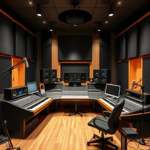Una vista del interior del estudio de grabación Ondas Creativas, mostrando consolas de mezcla, micrófonos y equipo de grabación.